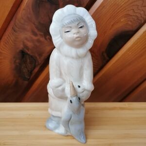 Vintage Inuit Figurine with Penguin and Fish